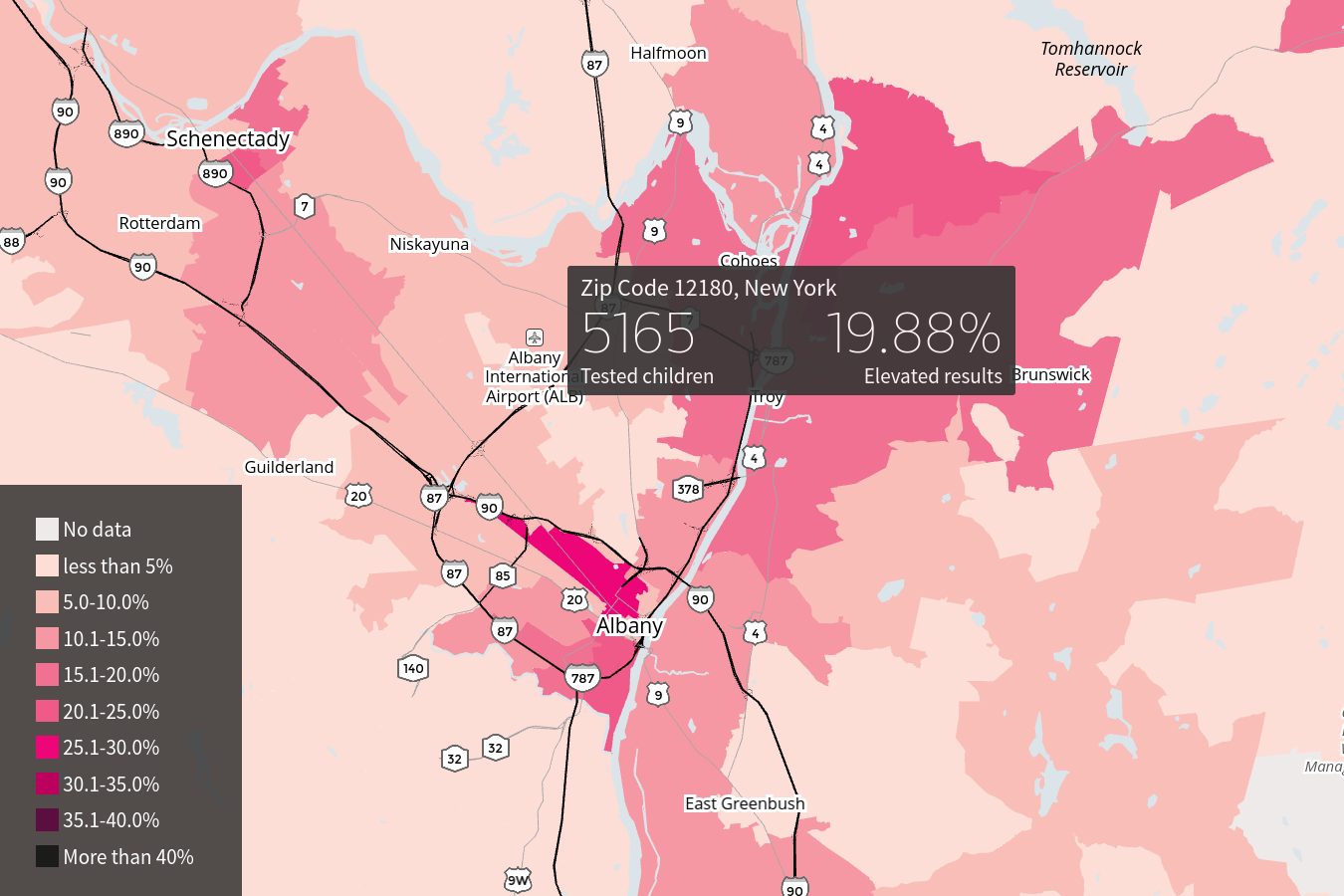 Screenshot of the Reuters “Looking for Lead” map centered on Troy, NY.