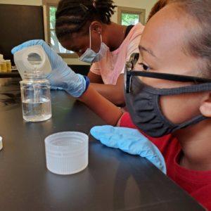 Young people engaged in a water testing project at NATURE Lab.